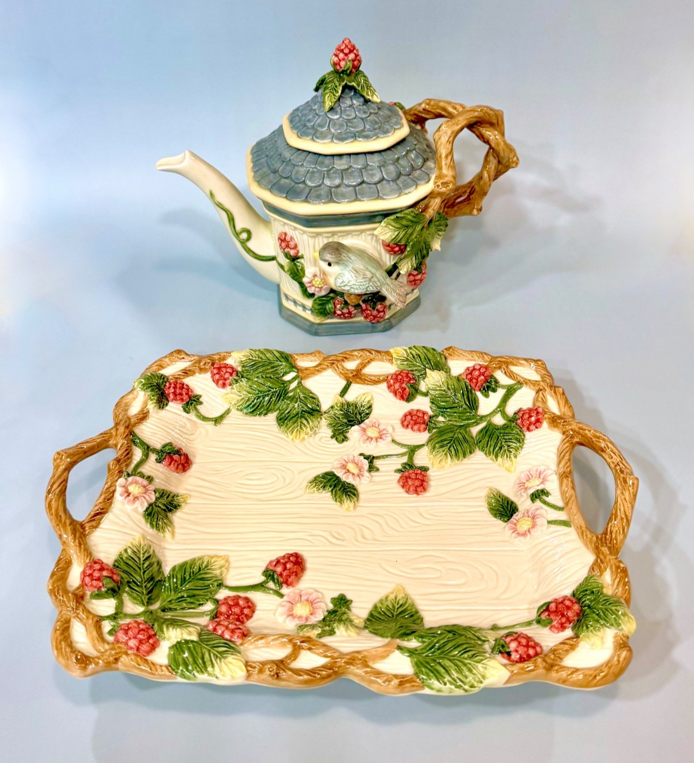 Vintage 1999 Fitz and Floyd English Garden Birdhouse Teapot & Platter Set