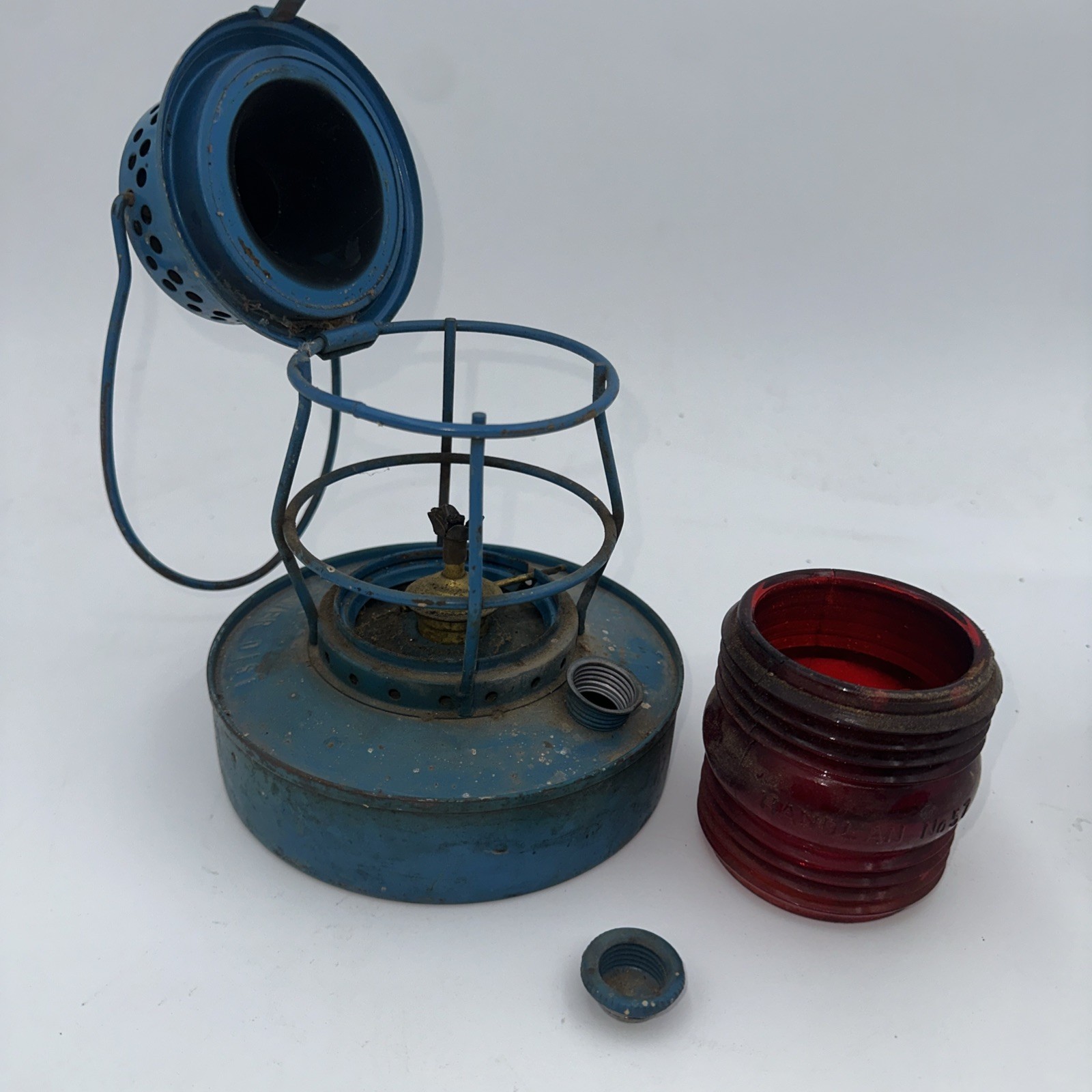 Vintage Rare Blue Handlan St. Louis Sewer No 57 Red Lens Traffic Lantern U7E