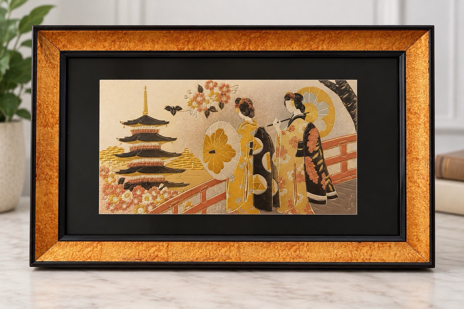 Vintage Japanese Art of Chokin Metal Engraving – Geisha & Pagoda Framed Art