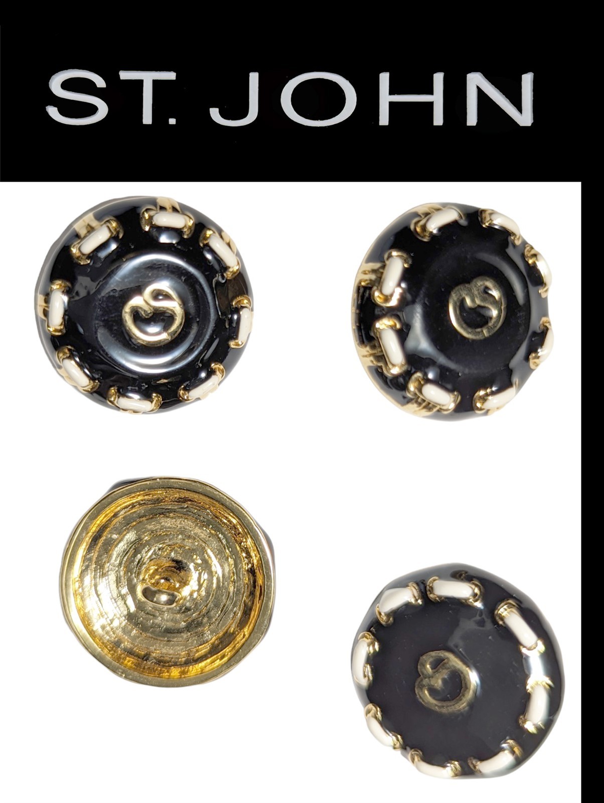 St John Knits (0.85 Inch) Gold Tone Black/White Enamel Logo Replacement Buttons