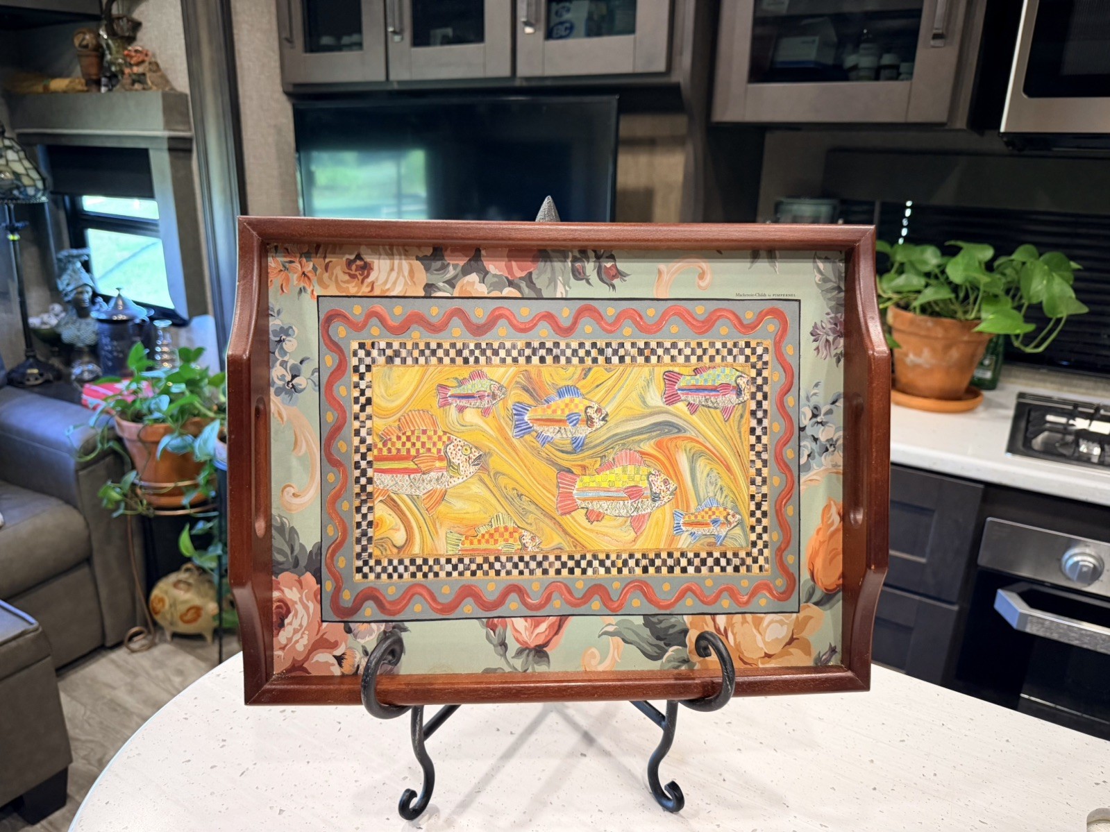 Mackenzie Childs Go Fish Hostess Tray By- Pimpernel Cork Back. Retired Piece 