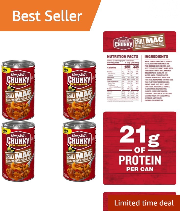 Hearty Campbell's Chili Mac Soup - 4 Cans of 18.8oz Each, Perfect for Game Day