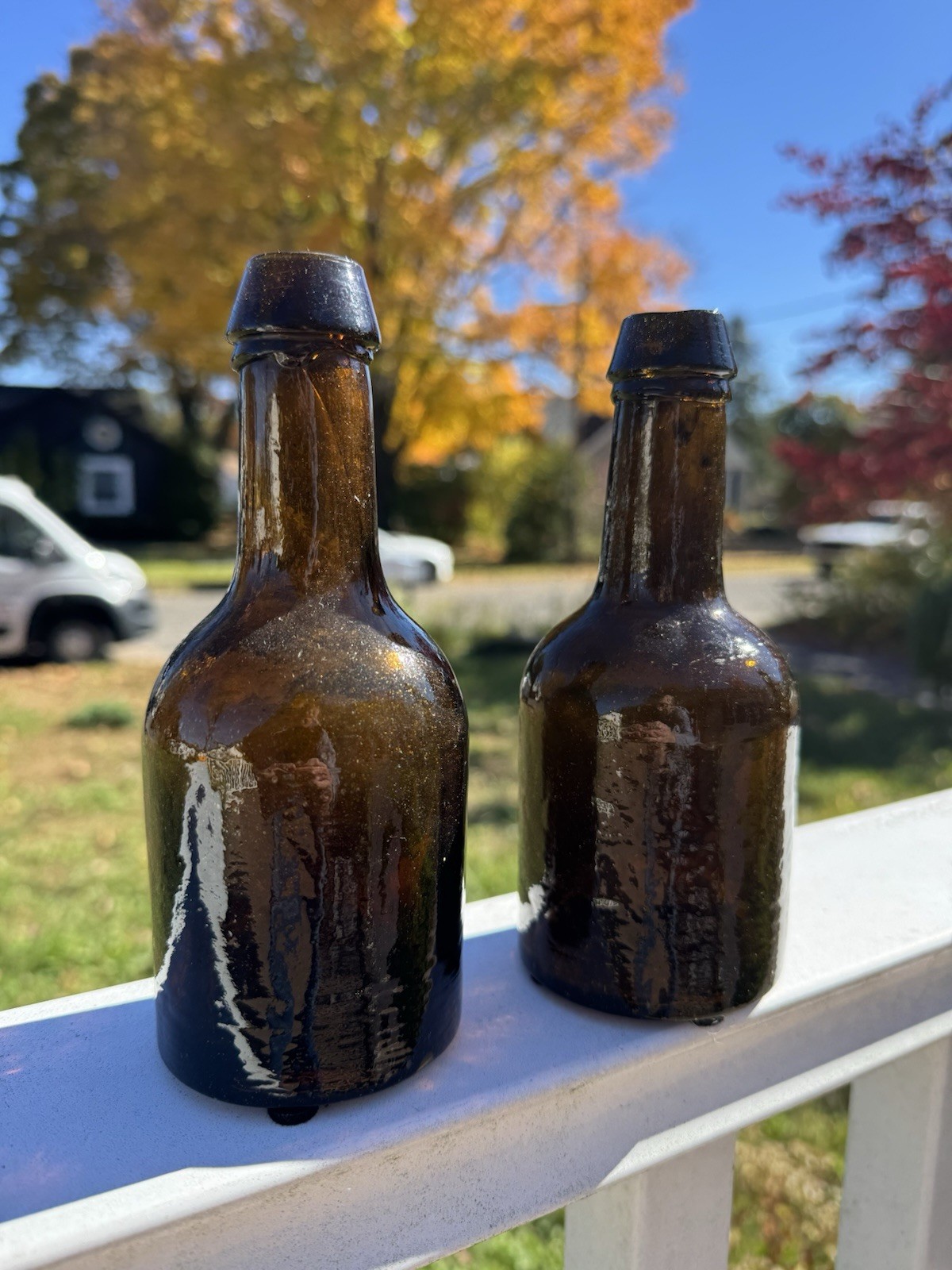 Two New England Pontil Three Piece Mold Dot Base Stubby Bottles Crude / Stoddard