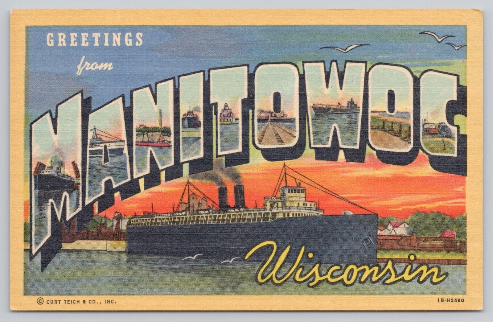 Manitowoc Wisconsin, Large Letter Greetings Passenger Ship, Vintage Postcard