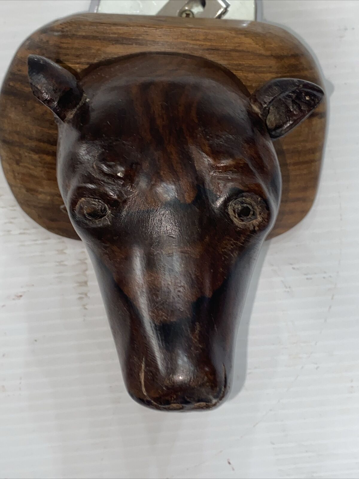 Vintage Zericote Wood Carved Dog Head Desk Top On A Wooden Base One Of A Kind