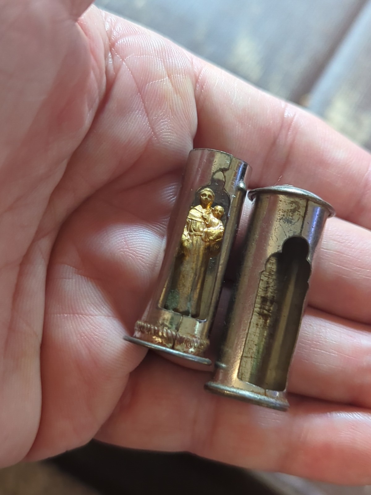 Antique Miniature Pocket Shrine Virgin Mary & Child Figurine, Metal Case 1.75