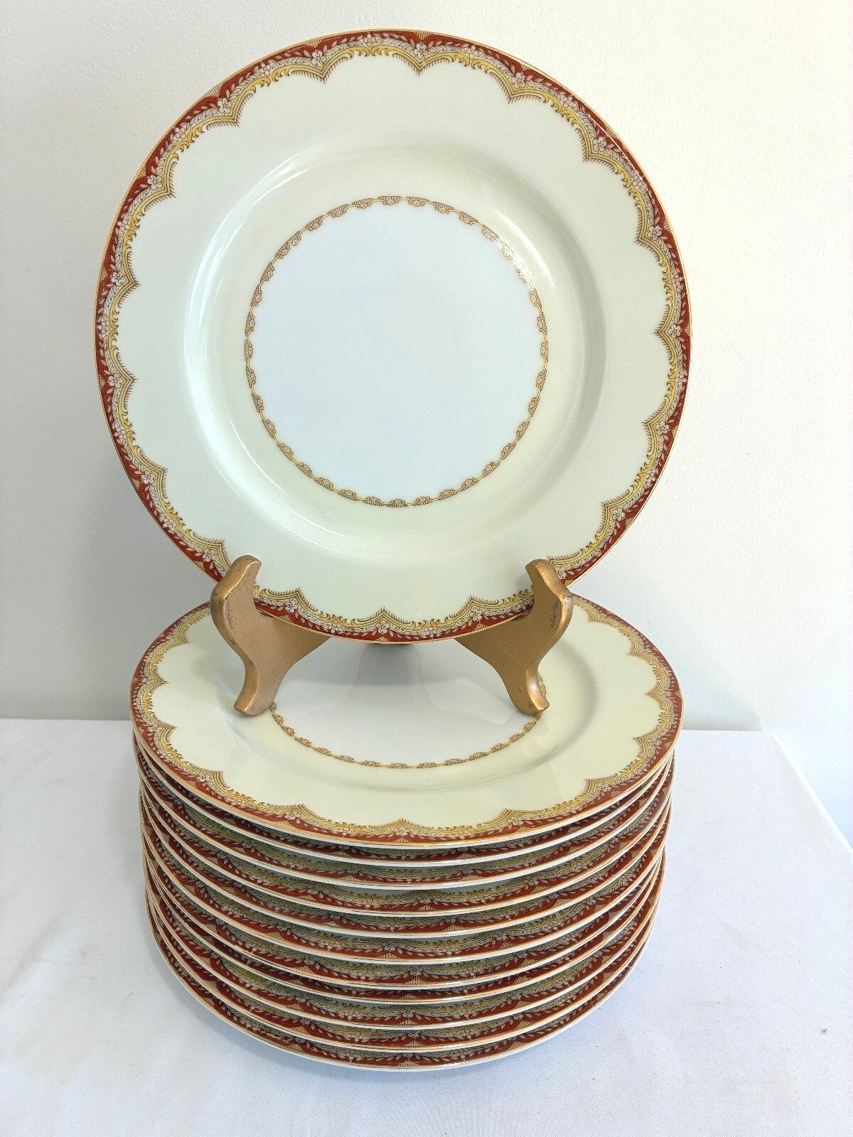 Vintage Meito Celestine Dinner Plates Set of 12, Red and Gold Border, Japan Vintage Meito Celestine Dinner Plates Set of 12, Red and Gold Border, Japan