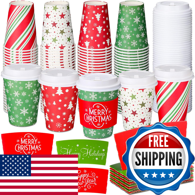 Yungyan 100 Pack 12 Oz Christmas Disposable Coffee Cups Lids And Sleeves