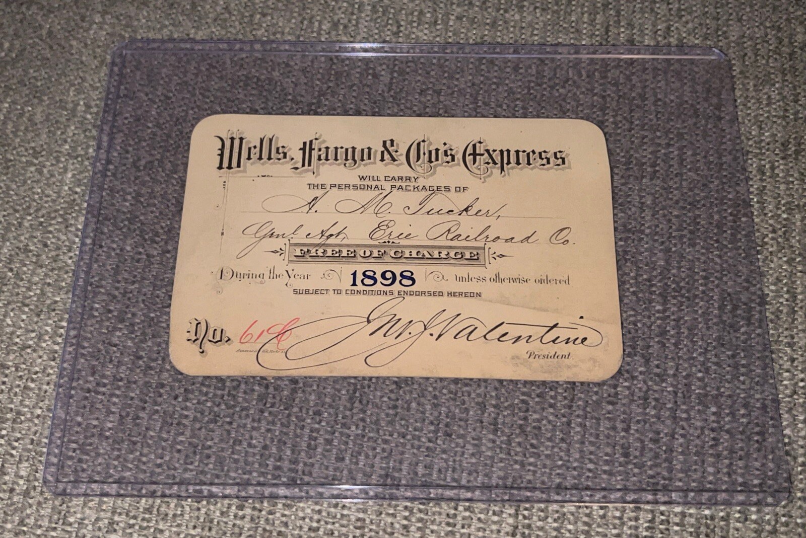 1898 Wells Fargo & Co’s Express Railroad Pass Ticket – John J. Valentine
