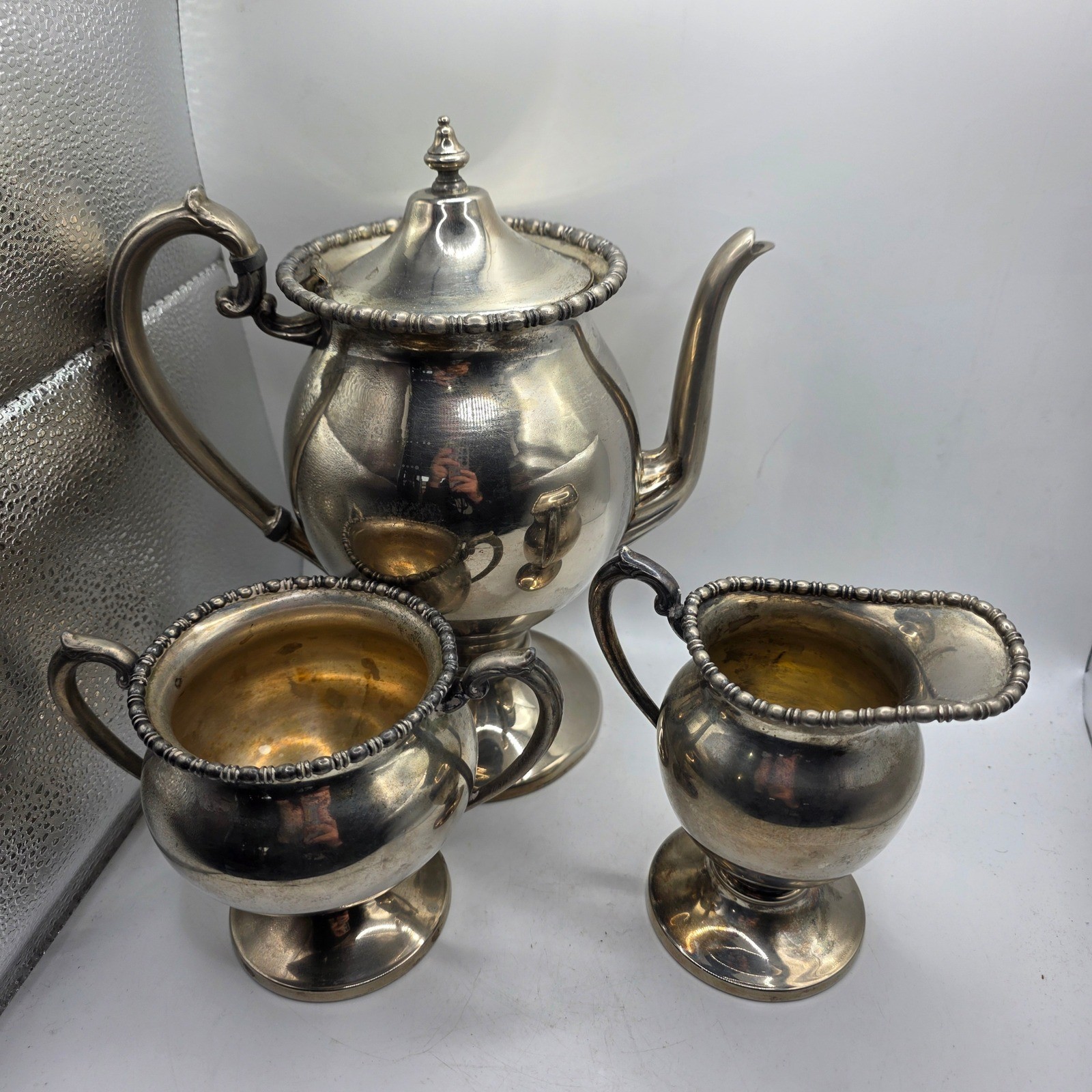 Vintage Silverplate 3 Piece Tea Set Teapot Creamer Sugar Bowl Beaded Edge Footed