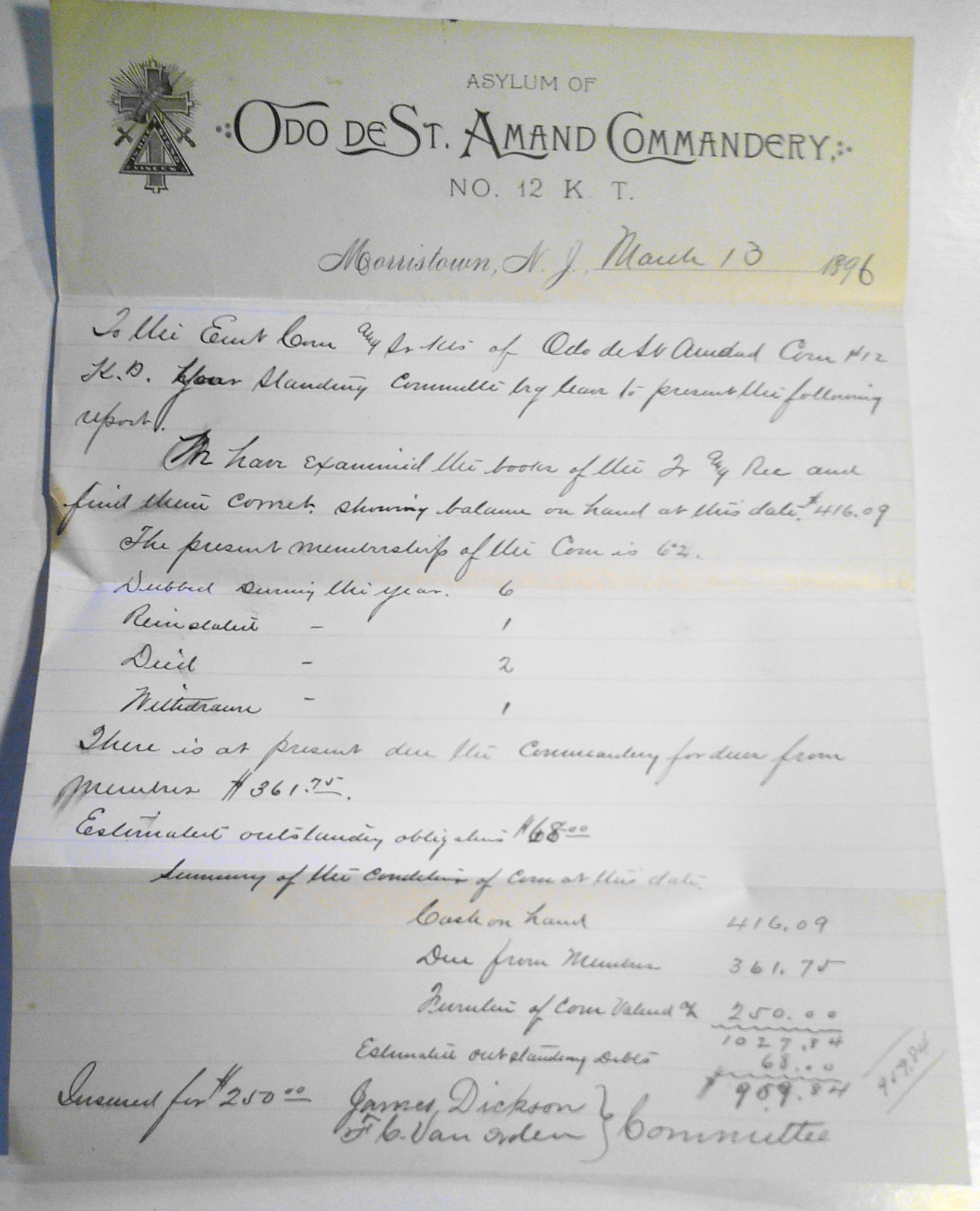 1896 Handwritten Masonic Standing Committee Report Odo de St Amand  No 12  K.T.