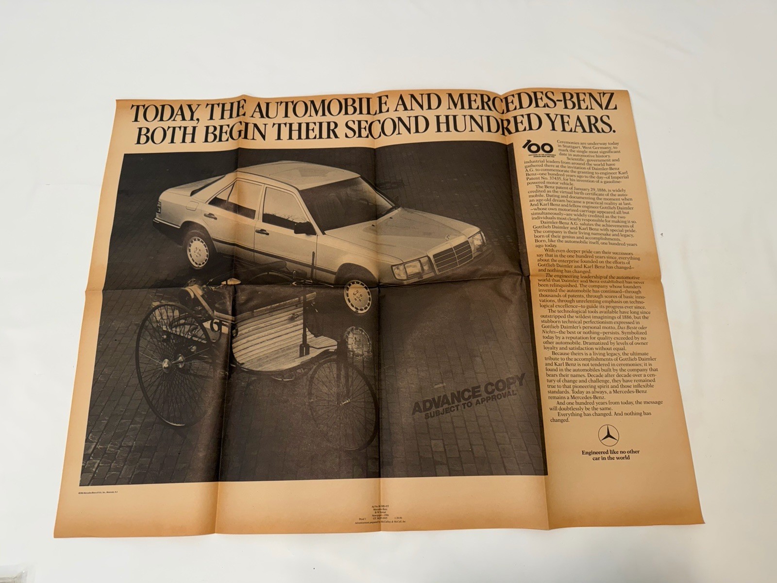 Rare 1986 Mercedes Benz 100th Anniversary Paper Ad Proof McCaffrey & McCall, Inc