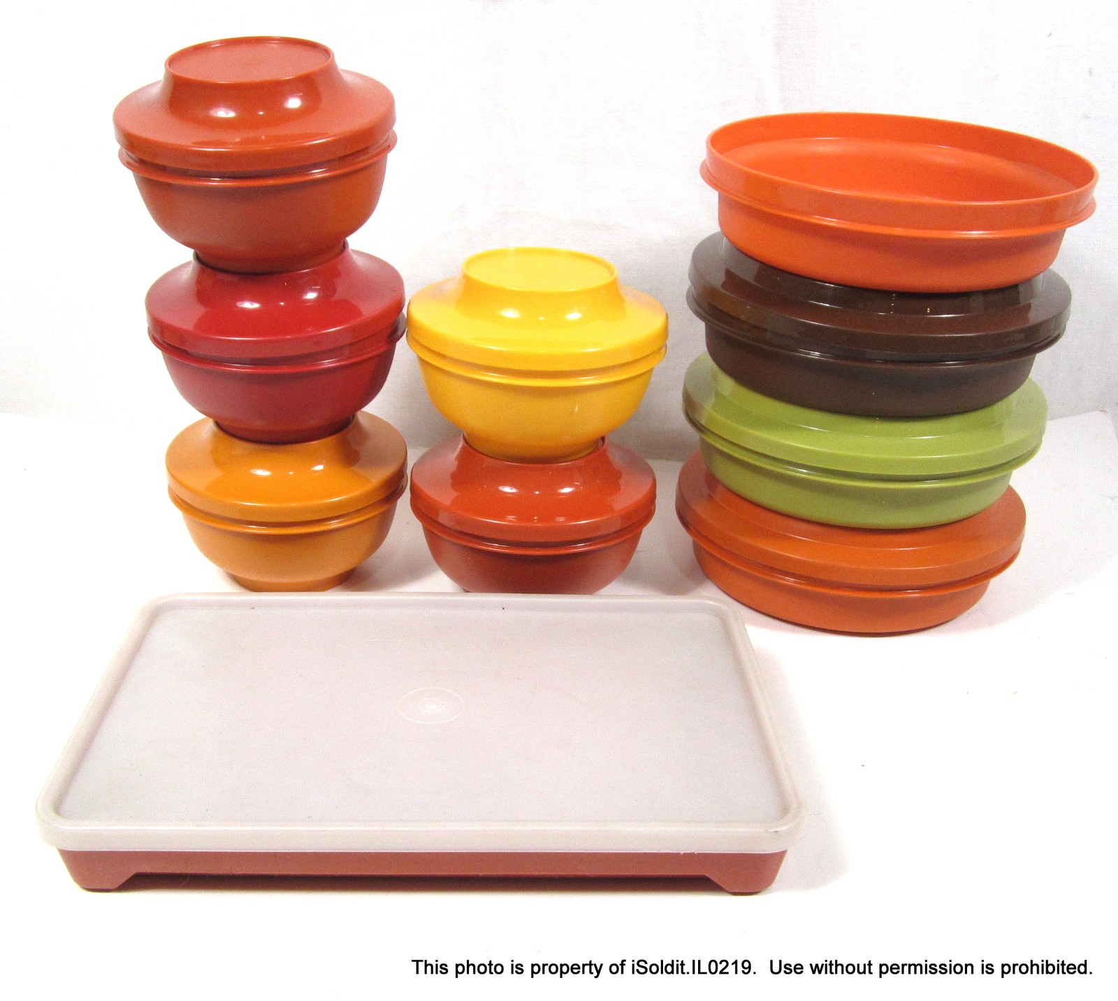 19-PC VTG LOT 1970s TUPPERWARE FALL HARVEST BOWLS & LIDS, DELI STORAGE CONTAINER