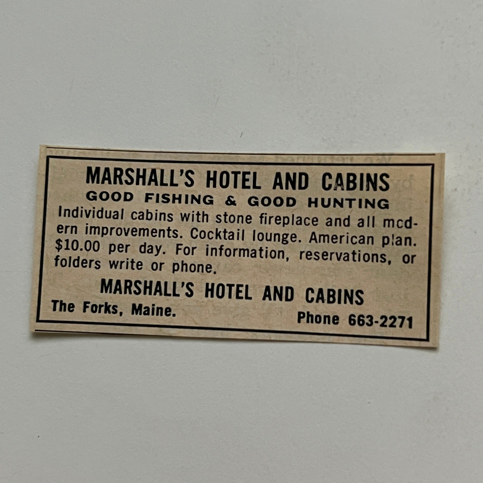 Marshall\'s Hotel & Cabins Good Fishing & Hunting The Forks ME 1966 Ad SAH2-S16