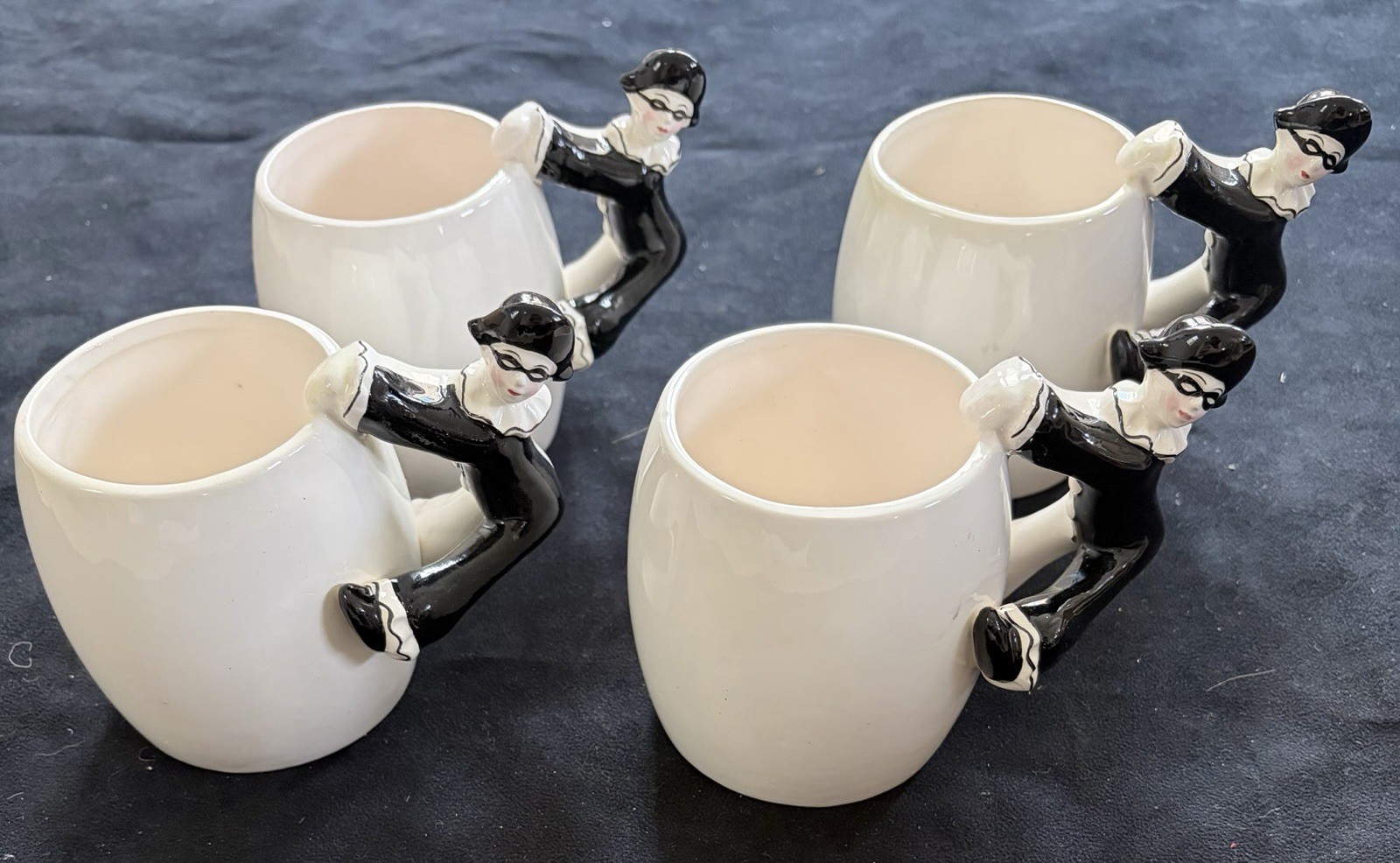 4 Vtg Art Deco Ceramic Mime Harlequin cup mug clown collectible clown memorbilia