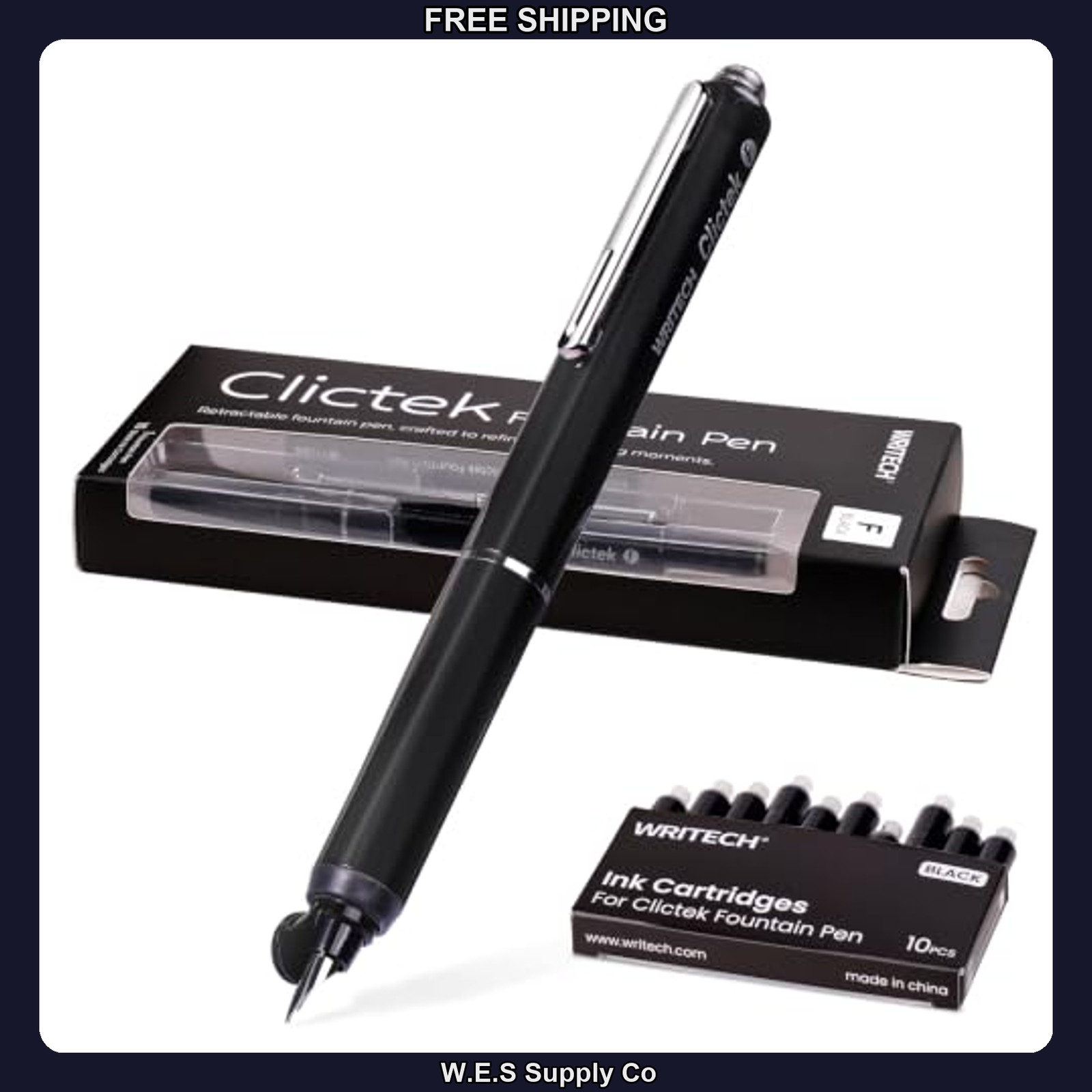 WRITECH Clictek Retractable Fountain Pen Fine Black Ink 10 Cartridges