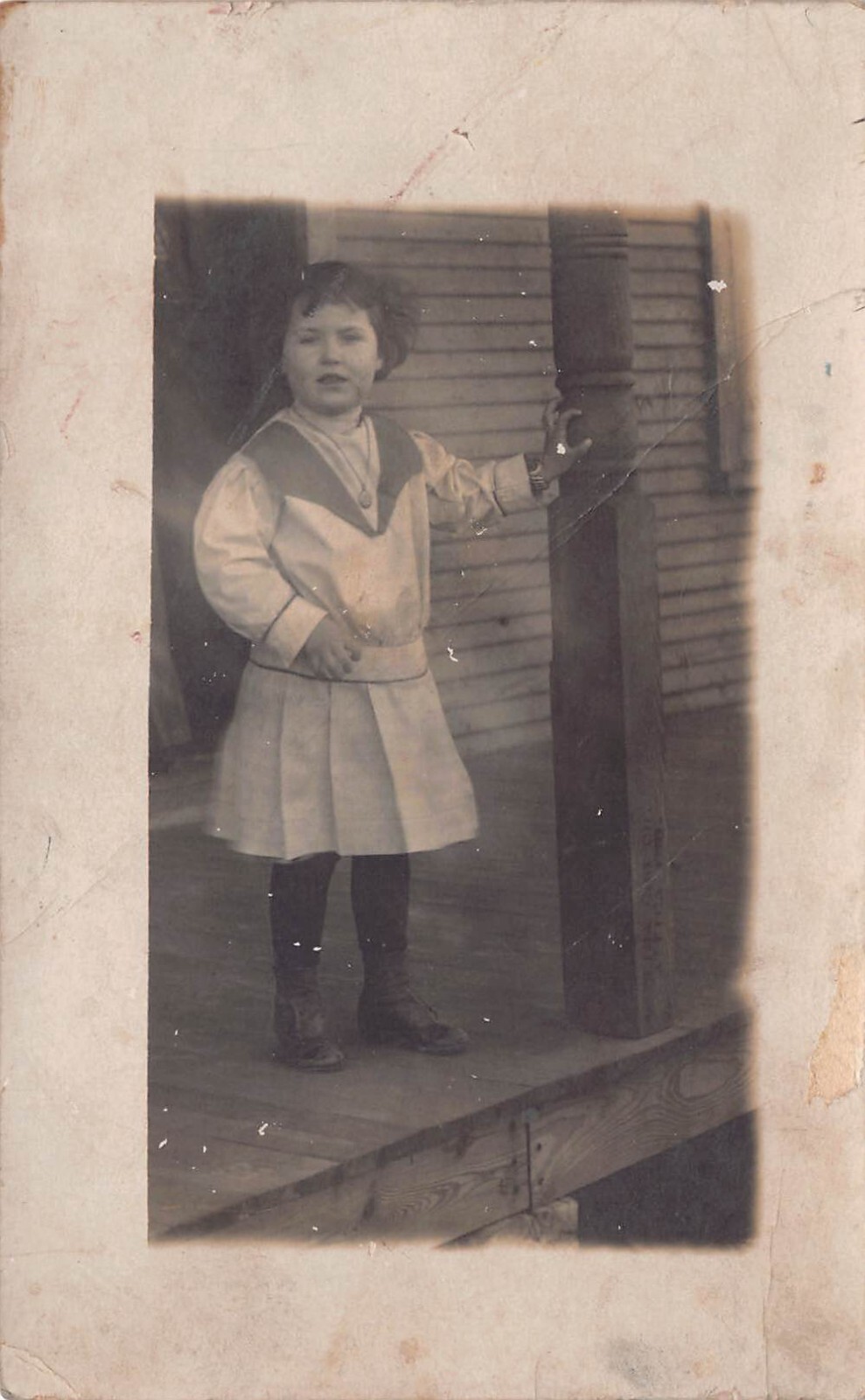 RPPC Girl on Porch Sailor Dress Child Victorian Cute Photo Vtg Postcard D12