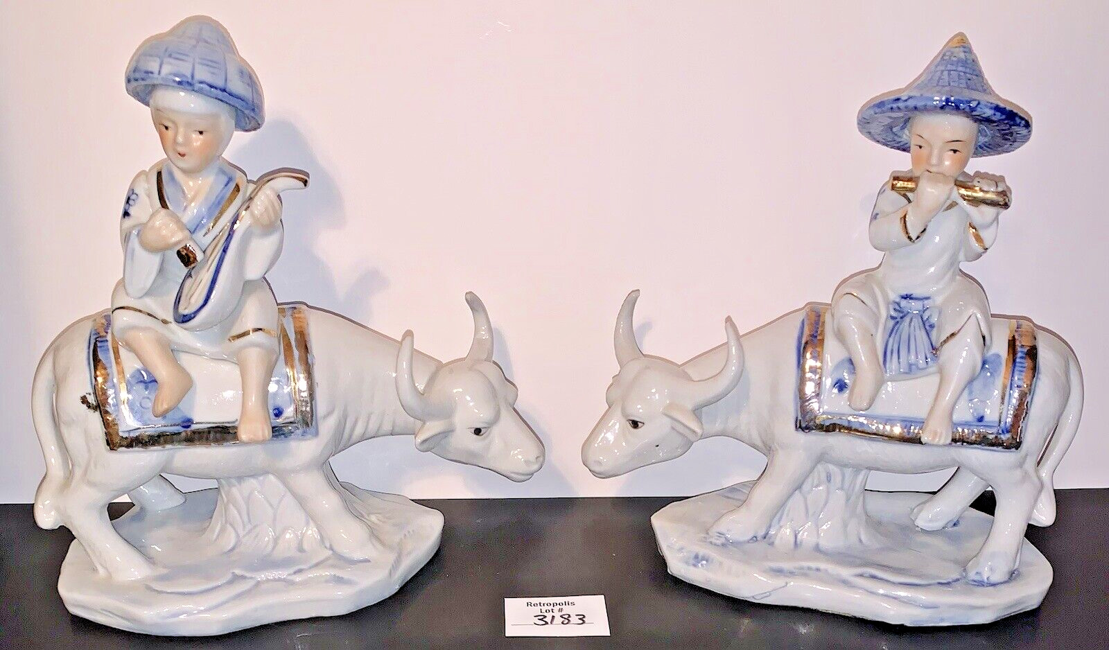 PAIR Blue and White PORCELAIN Asian Musician BOYs Riding Buffalo FIGURINES