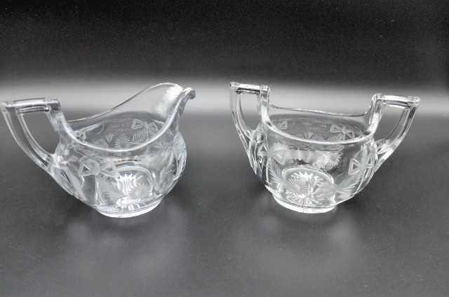 Vintage ABP Clear Pressed Glass With Etched Floral Pattern Creamer & Sugar Bowl Vintage ABP Clear Pressed Glass With Etched Floral Pattern Creamer & Sugar Bowl