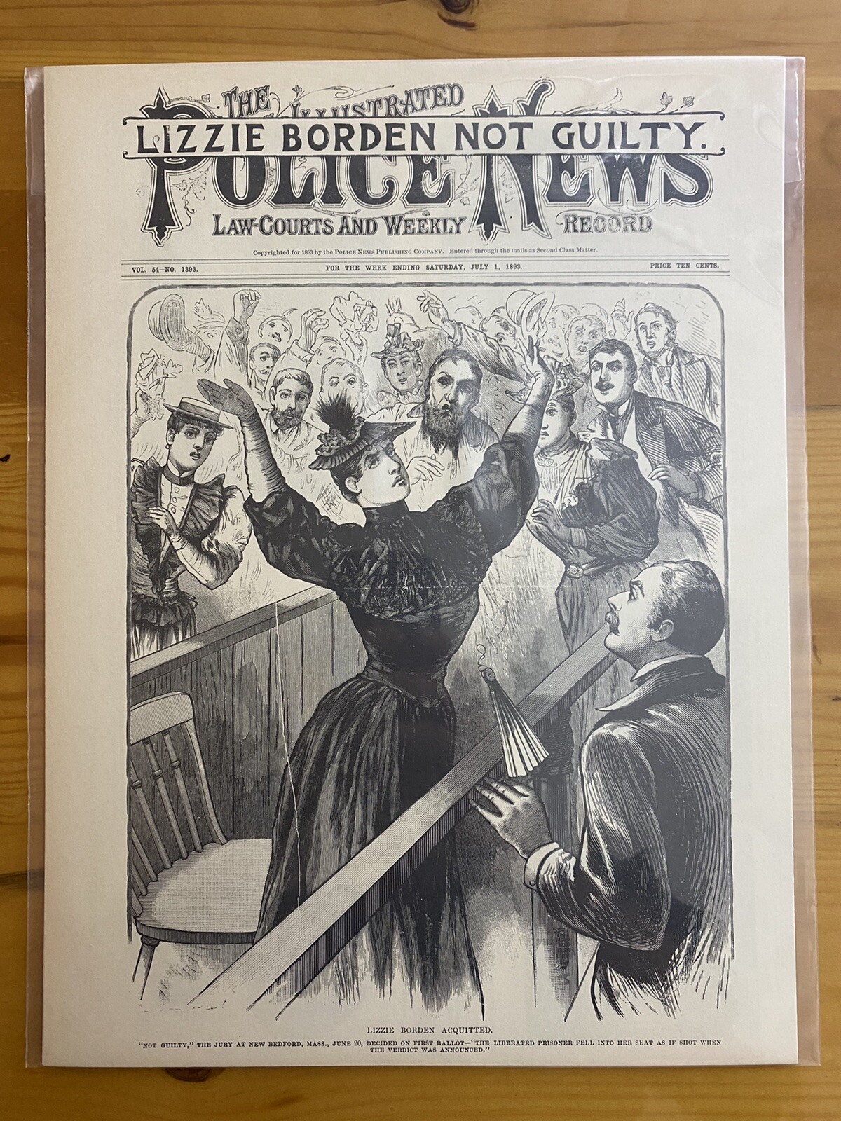 VINTAGE NEWSPAPER HEADLINE ~ CRIME COURT TRIAL VERDICT LIZZIE BORDEN NOT GUILTY