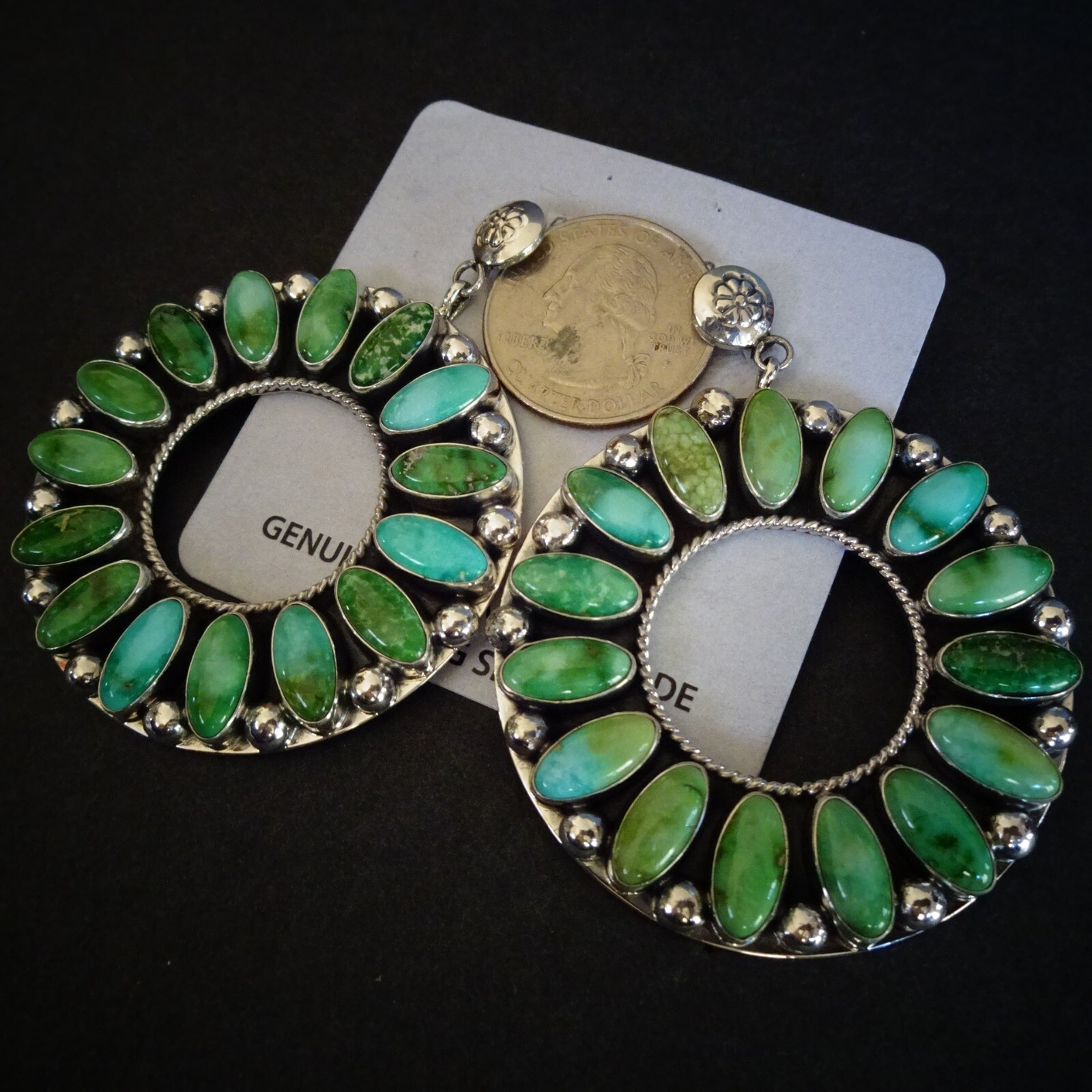 Ella Linkin NAVAJO Sterling Silver BIG GREEN ROUND Cluster TURQUOISE EARRINGS Ella Linkin NAVAJO Sterling Silver BIG GREEN ROUND Cluster TURQUOISE EARRINGS