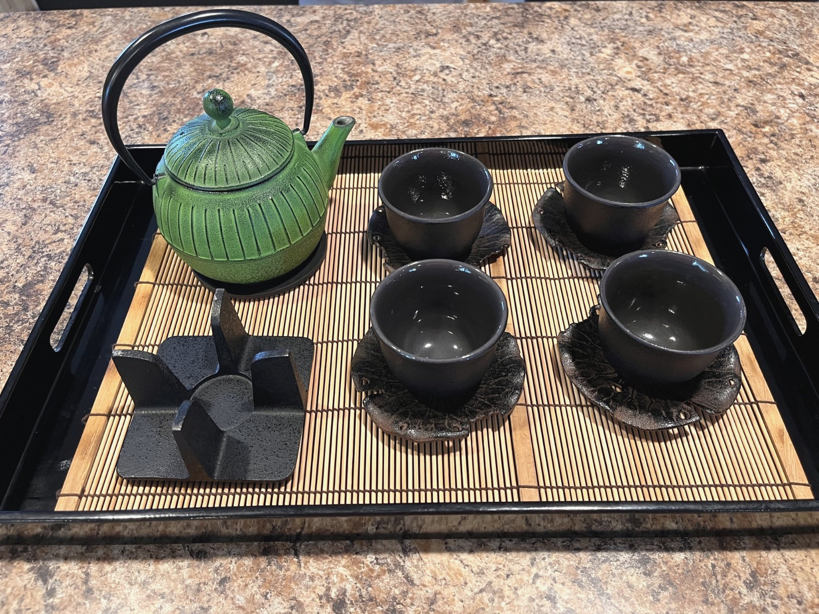 Signed OIGEN NAMBU TEKKI Green Cast Iron Tea Set Pot-Cups-Leaf Saucers-Tray 12pc