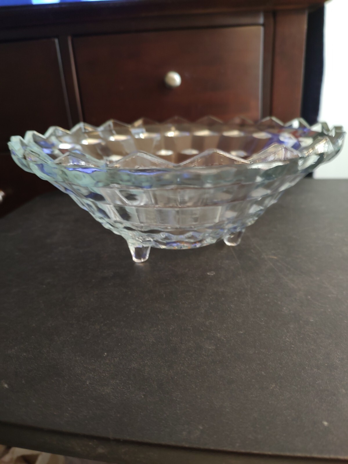 Vintage Fostoria American Pattern, 3 footed serving bowl. 10.5 width
