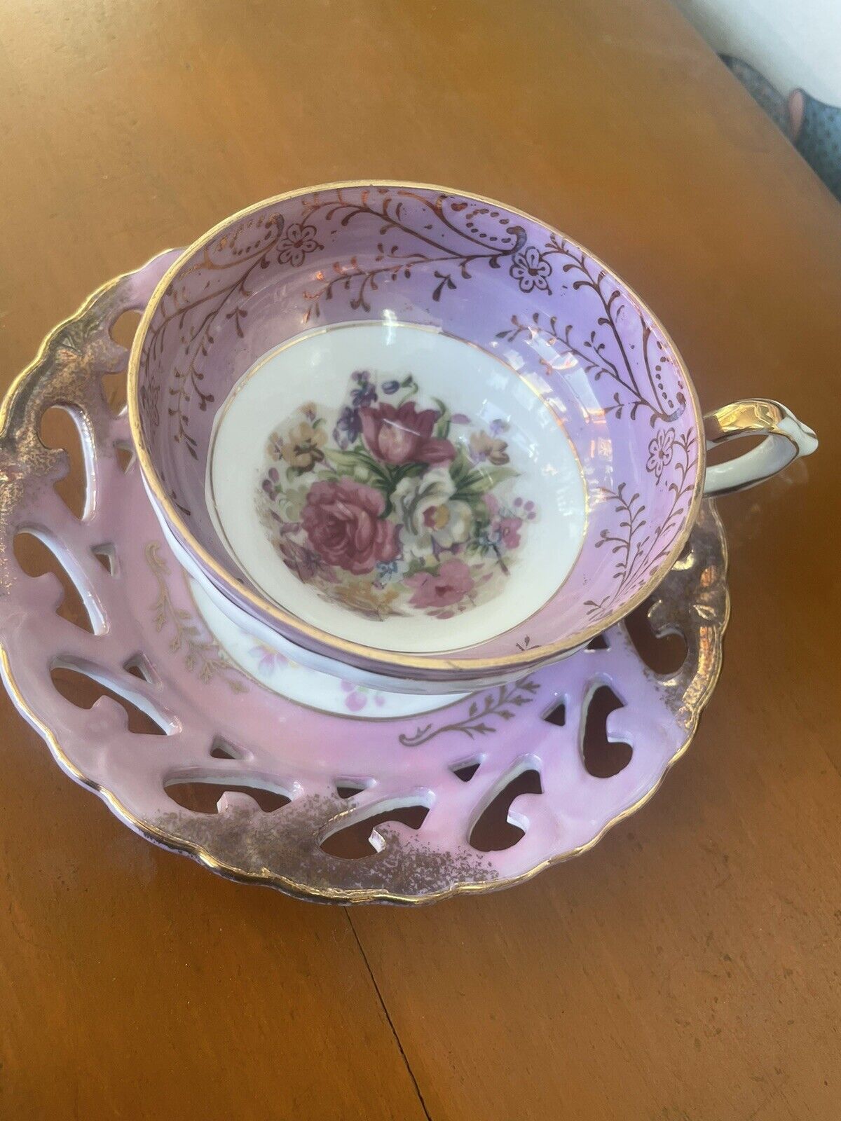 vintage pink floral rose footed teacup and saucer set 