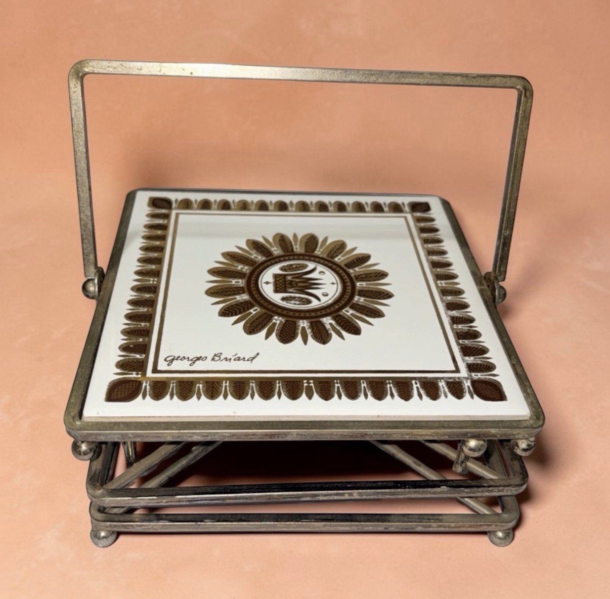 RARE 🌟 Vtg George Briard Tile Trivet Warmer MCM Gold Sunburst Crown