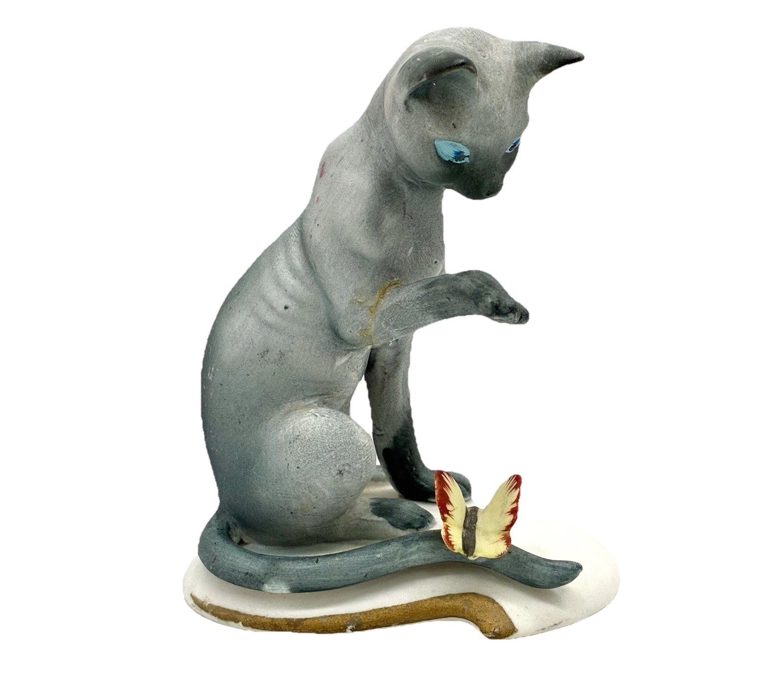 Vtg Siamese Cat Kitty Kitten with Butterfly Porcelain Figurine Blue Eyes Japan