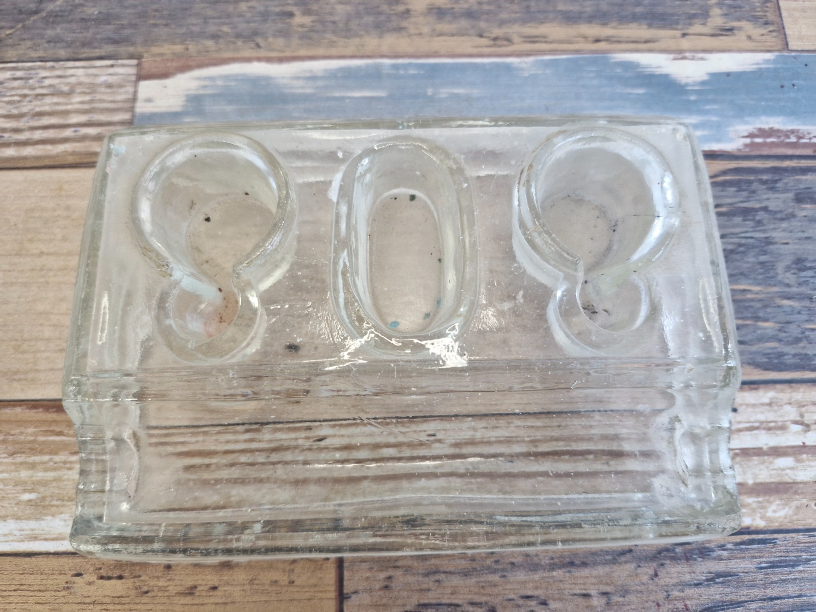 Rare Vintage Clear Pressed Glass Double Inkwell Desk Organizer with Pen Rests S1