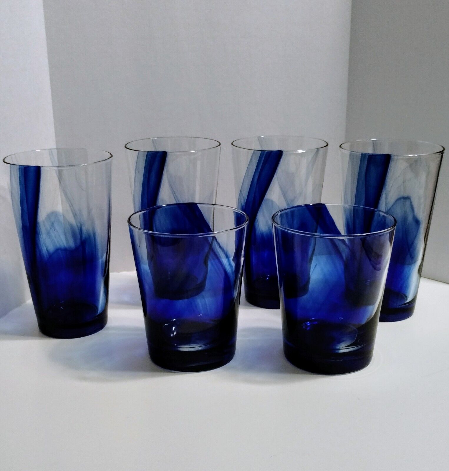 Libbey Cobalt Blue Swirl Lot Of 6 Glasses 4-16oz; 2 -12oz; Hand Blown Glass Art