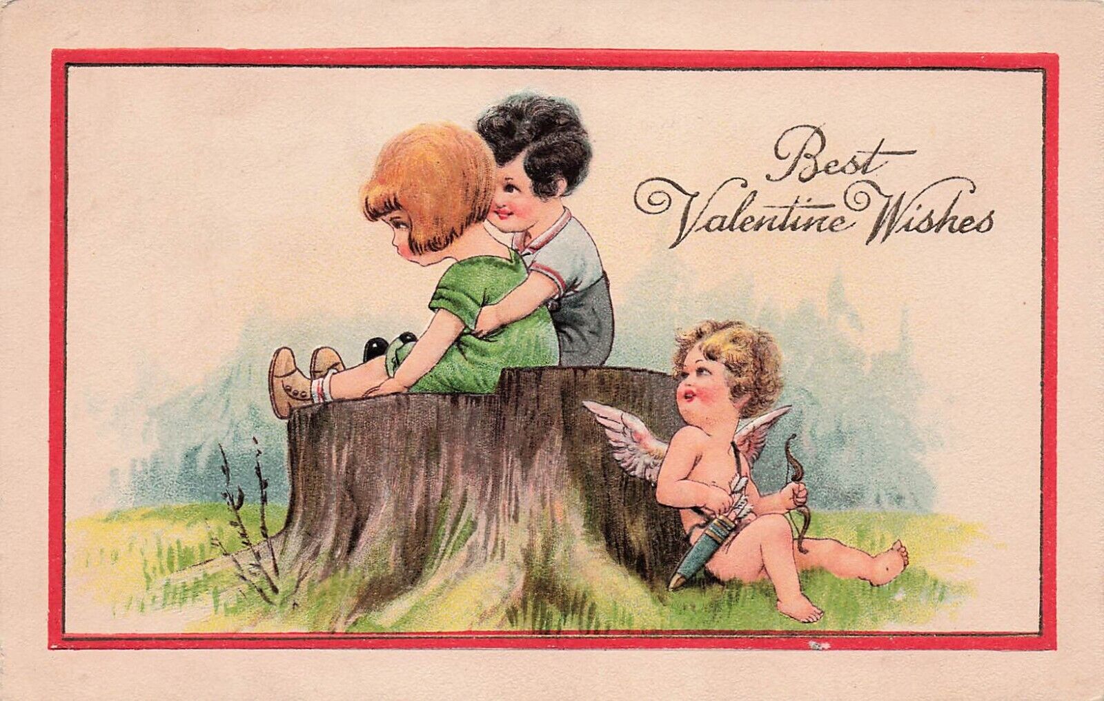Valentines Day Card Cupid Giant Tree Stump Redwood Love Romance Vtg Postcard E2