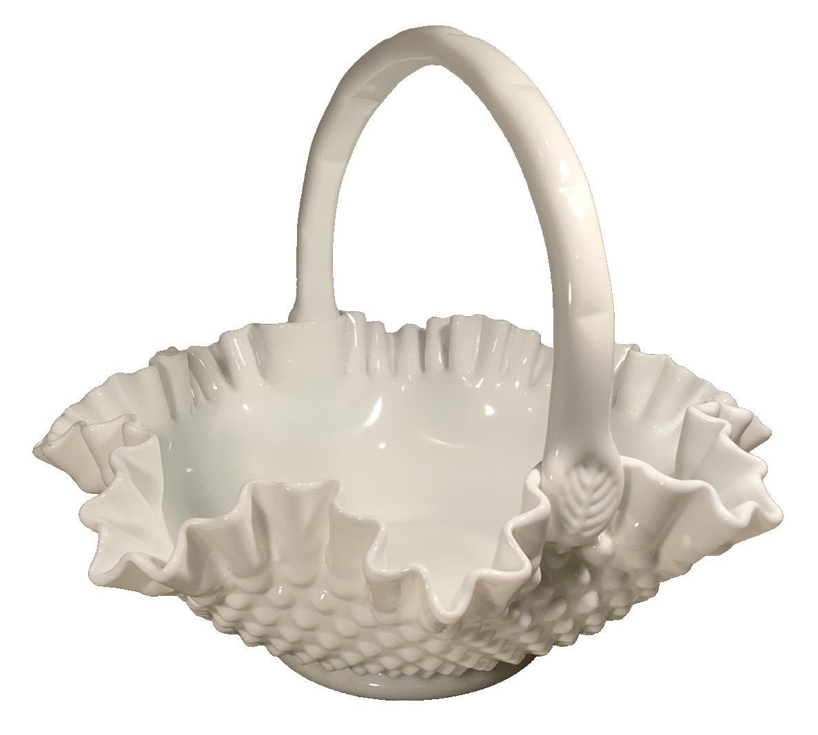 Fenton Ruffled Hobnail Milk Glass Handled Basket Bowl ~ Vintage ~ 11.5 x 10\