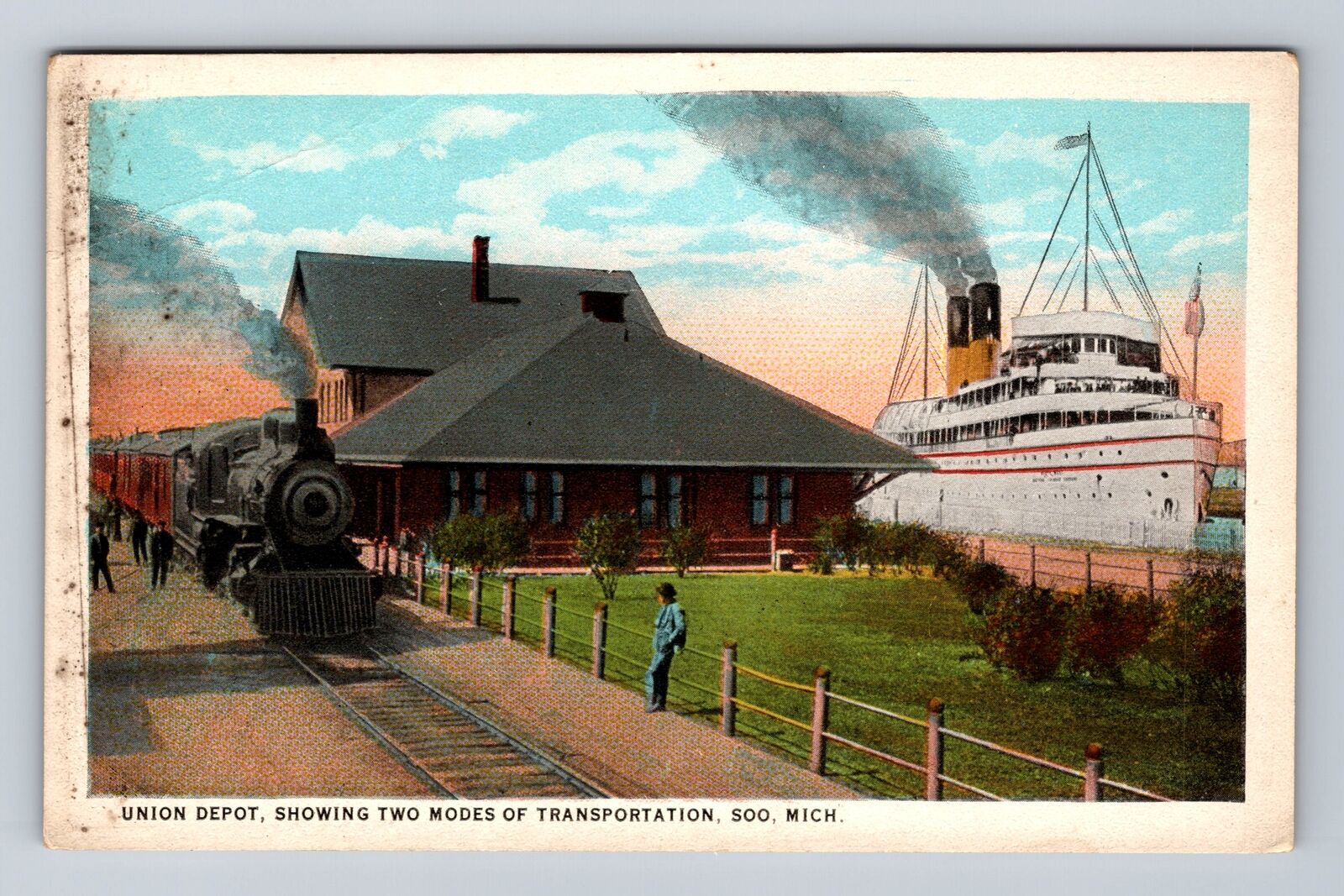 Sault Ste Marie MI-Michigan, Union Depot-Transportation Ways Vintage Postcard