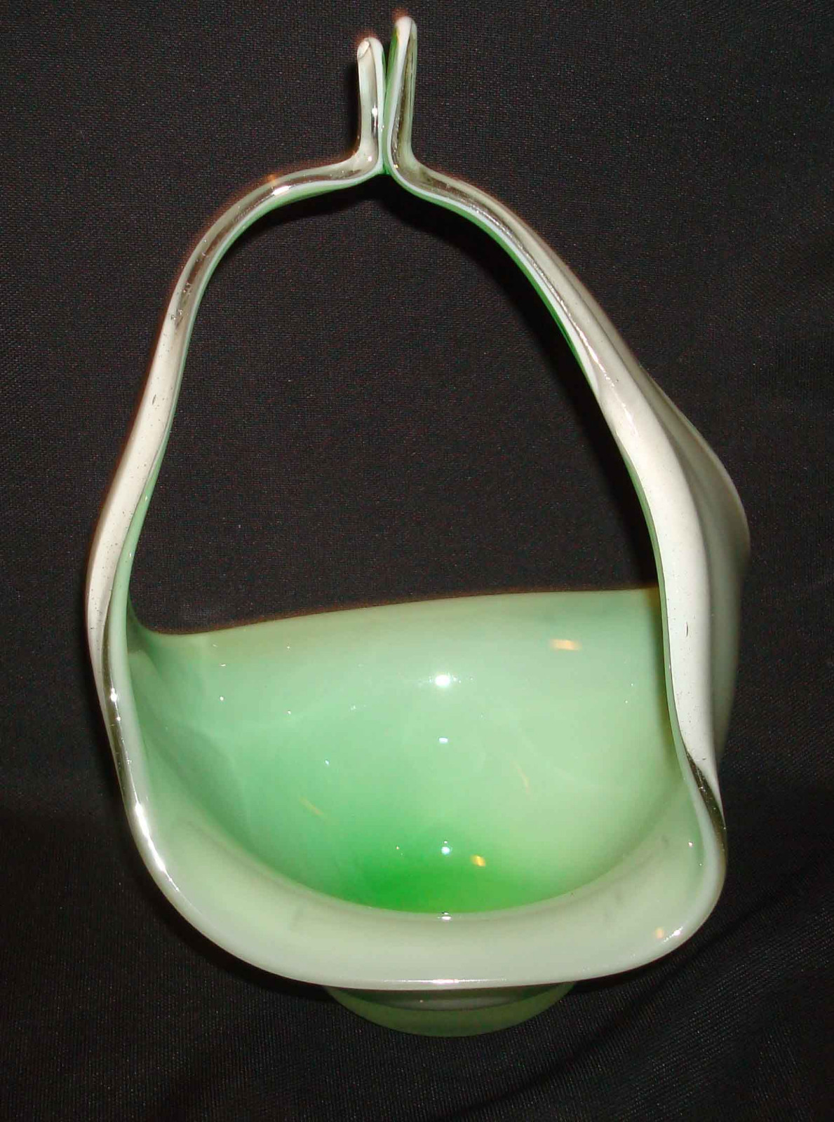 Vintage Italian Art Glass Murano Green White Cased Glass Free Form TaLL Basket Vintage Italian Art Glass Murano Green White Cased Glass Free Form TaLL Basket