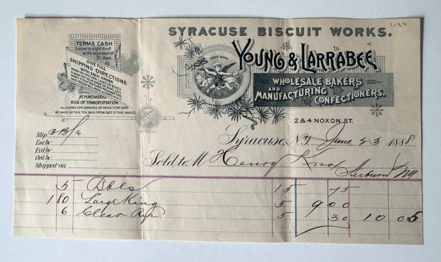 1888 New York Billhead Syracuse Biscuit Works Young & Larrabee Confectioners