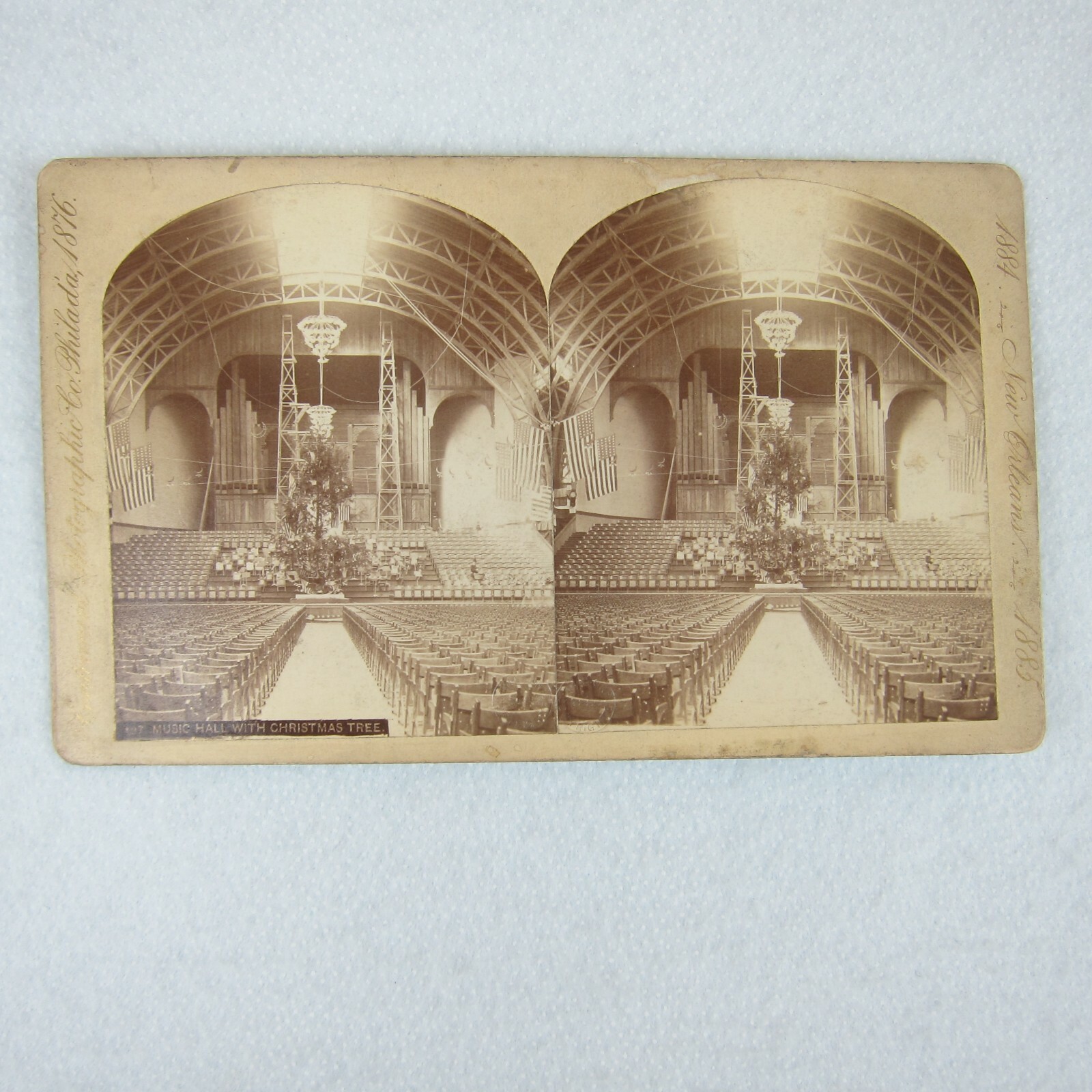 Antique 1884 New Orleans Exposition Stereoview Music Hall & Christmas Tree RARE