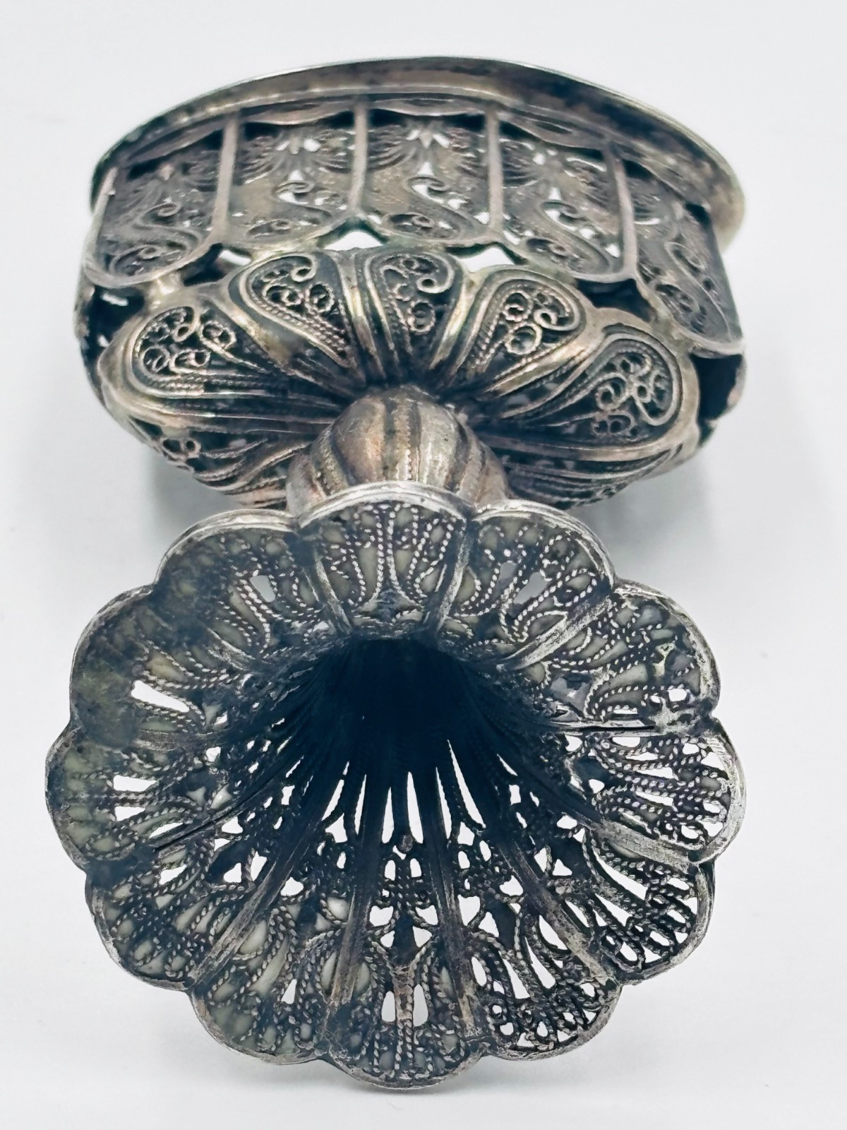 Antique Yemenite Filigree Pedestal Vessel, Intricate Openwork Silver Metalwork