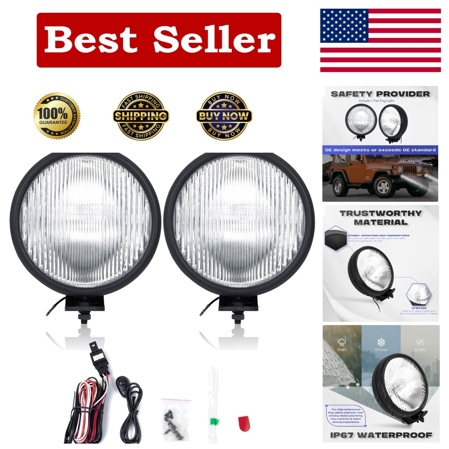 , FL7091 Fit for 1997-2006 Wrangler Tj Off-Road Pair Front Fog Lights Lens Bumpe