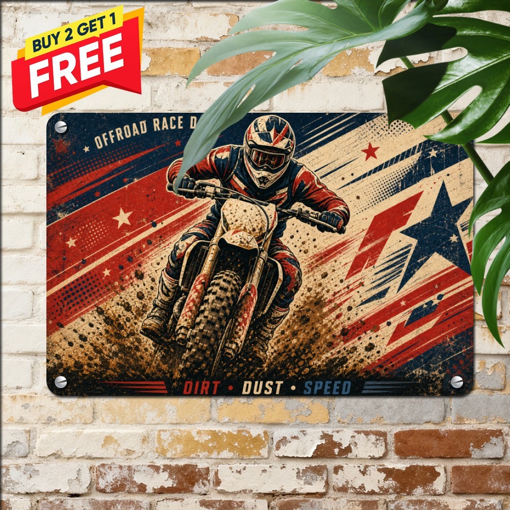 Dynamic Front View Dirt Bike Motocross Racing Poster Vintage Metal Tin Sign