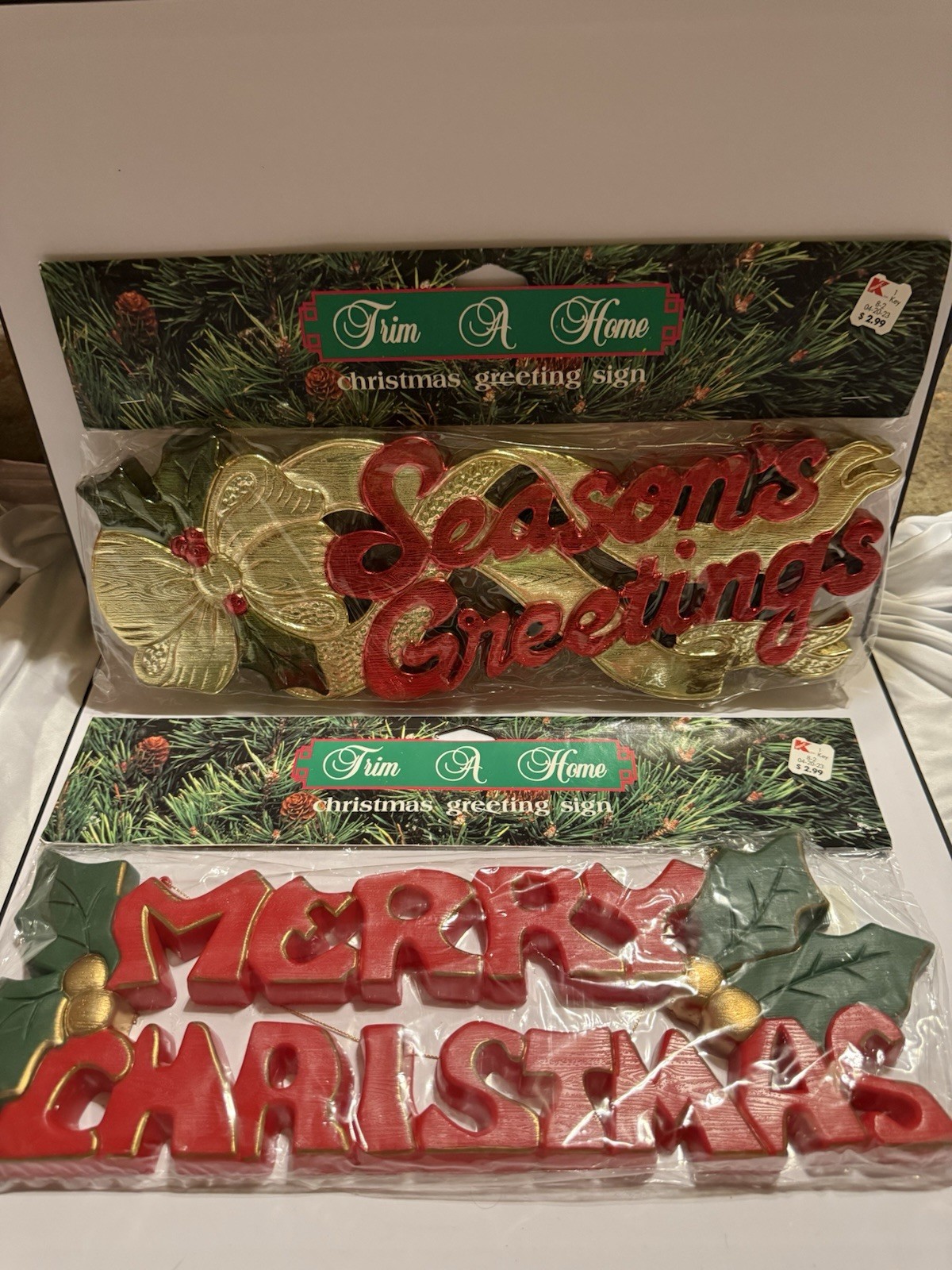 Vintage Seasons Greetings & Merry Christmas Trim a Home Retro Decor New lot of 2
