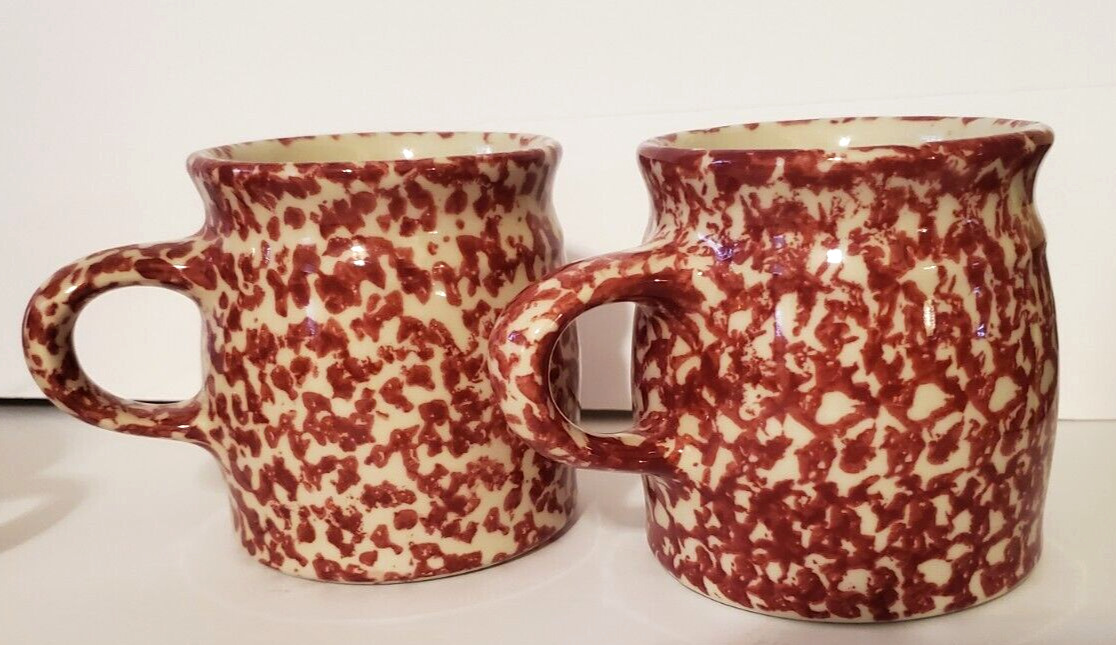 Pair Roseville Red Spongeware Coffee Mugs Workshop of Gerald E. Henn