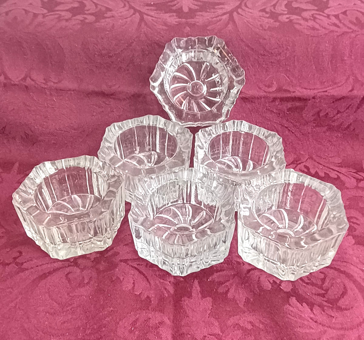 Set of 6 ~ Crystal Open Salts ~ Heavy & Thick Glass Crystal with Pinwheel Bottom