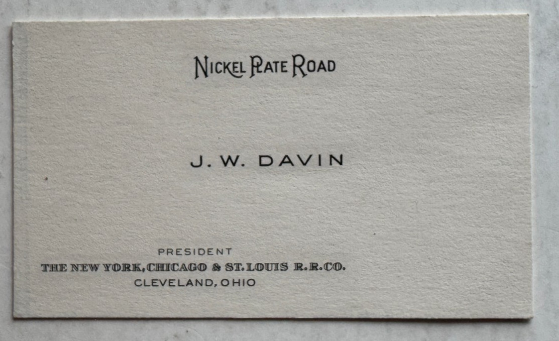 c 1940s Business Card Nickel Plate Road Railroad President JW Davin Cleveland OH