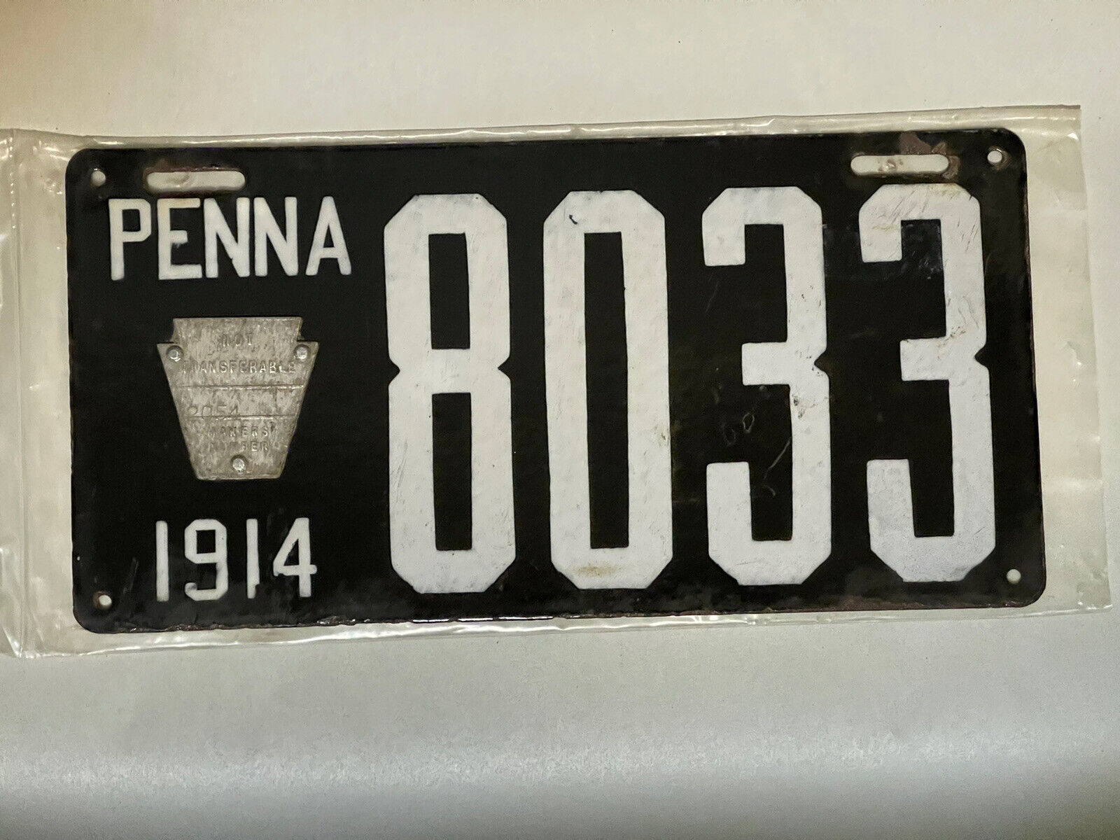1914 Pennsylvania Black Porcelain 4 digit License Plate 8033 With Tag