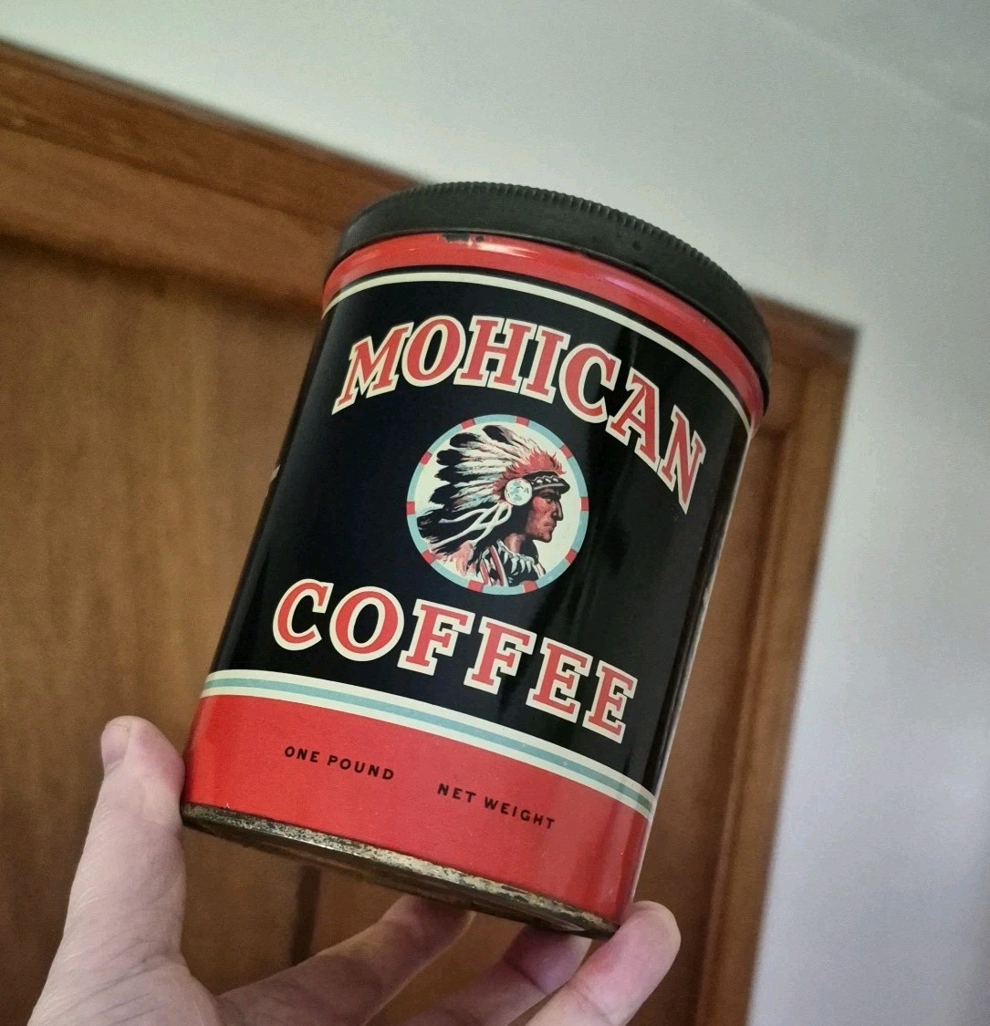Antique Mohican Coffee Tin Can, New York, Vintage, rare and near mint 
