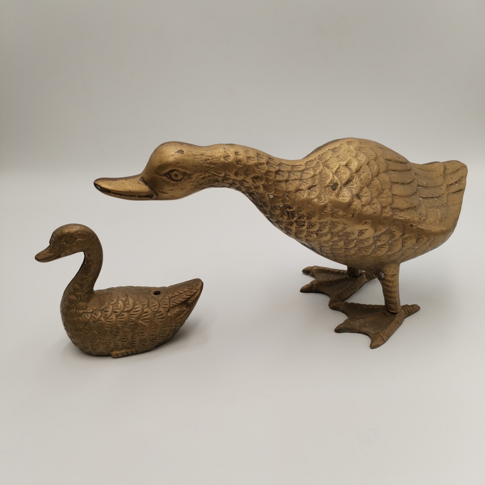 Vintage Brass Duck Figurine Set Standing Goose Duckling Heavy Metal Decor 2 Pc
