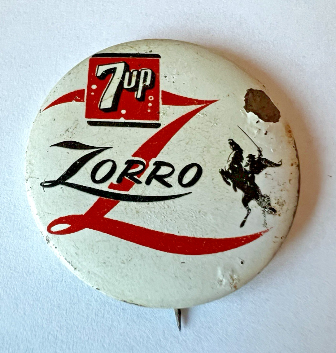 Vintage 7UP Soda Pop Walt Disney\'s ZORRO Movie  Pin Button 1957 Seven Up USA