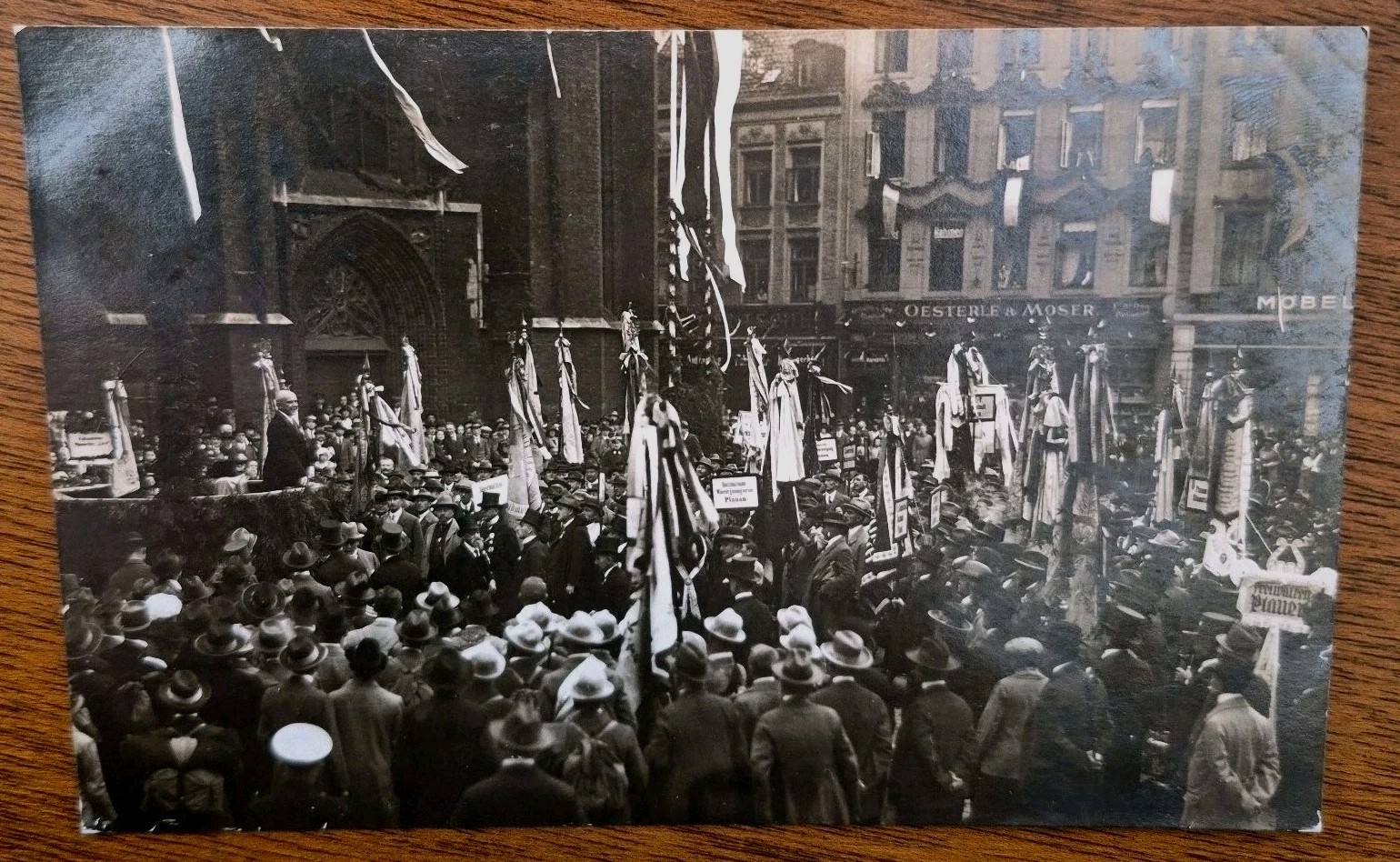 RPPC First Workers' Singer Festival 1928 Hannover Germany, parade, store fronts